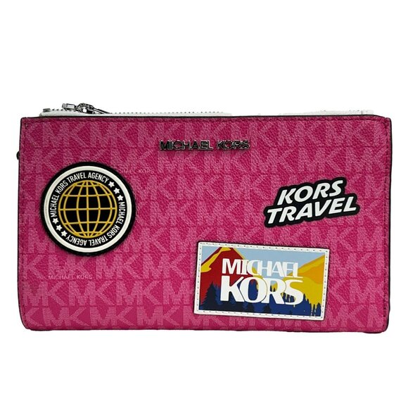 NEW Michael Kors Jet Set Travel Large Double Zip Wristlet Wallet Dragon Fruit - Picture 1 of 4